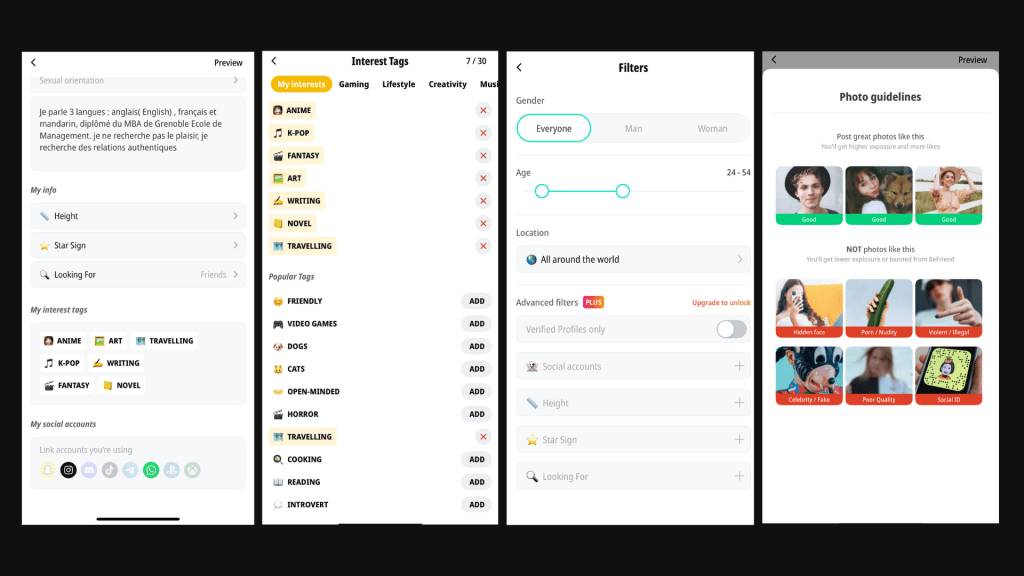 Screenshots of BeFriend app interface showing interest tag selection, filter settings, profile info with zodiac and social accounts, and photo upload guidelines to help users make friends online safely.