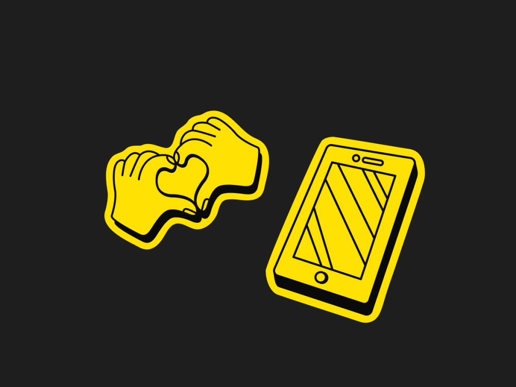 Yellow icon of two hands forming a heart next to a smartphone, symbolizing online connection and friendship.