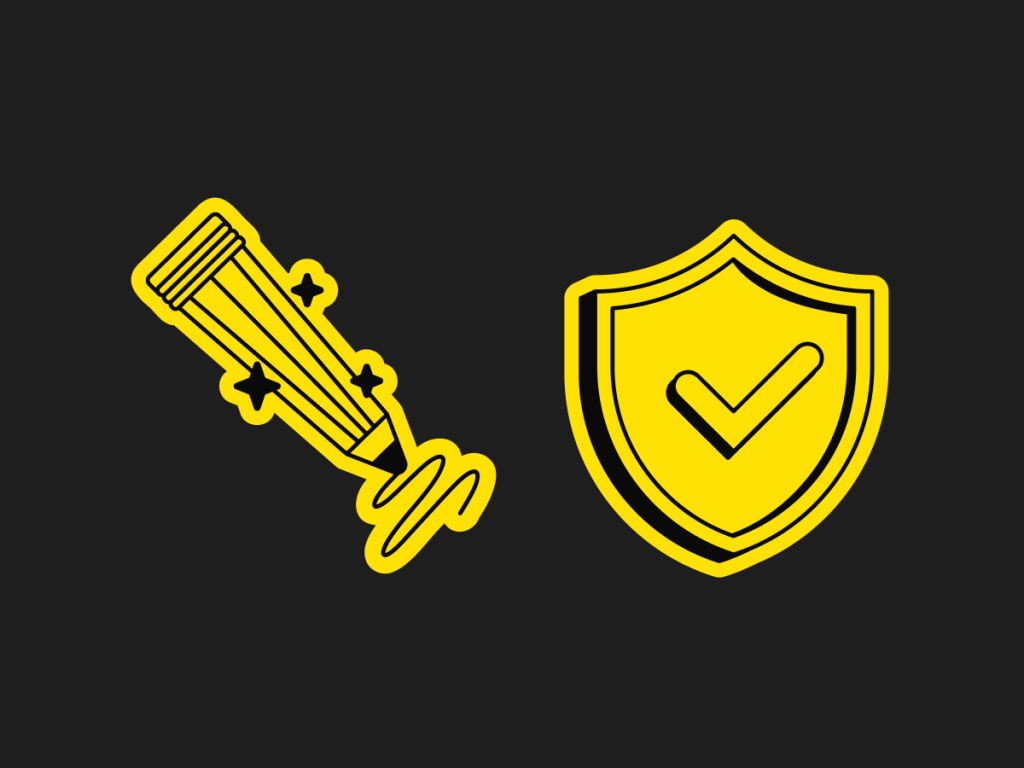 Illustration of a yellow pencil with sparkles and a yellow shield with a checkmark on a dark background, symbolizing creativity, emotional safety, and trust in chat apps.