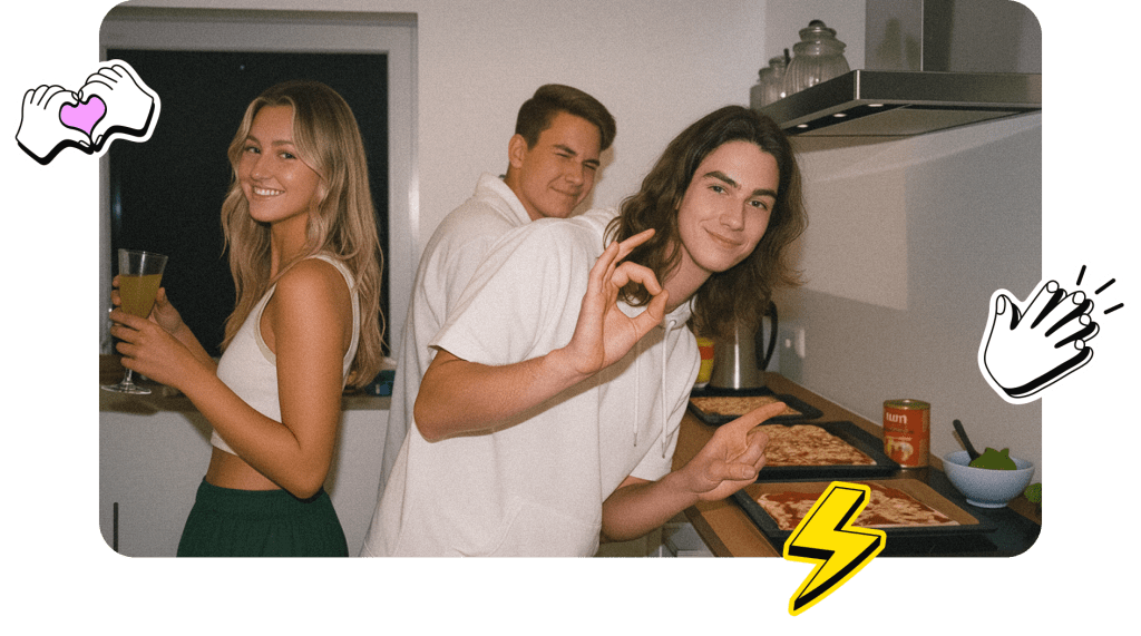Three Gen Z friends hanging out in a kitchen making pizza — casual and fun vibes from the BeFriend app community
