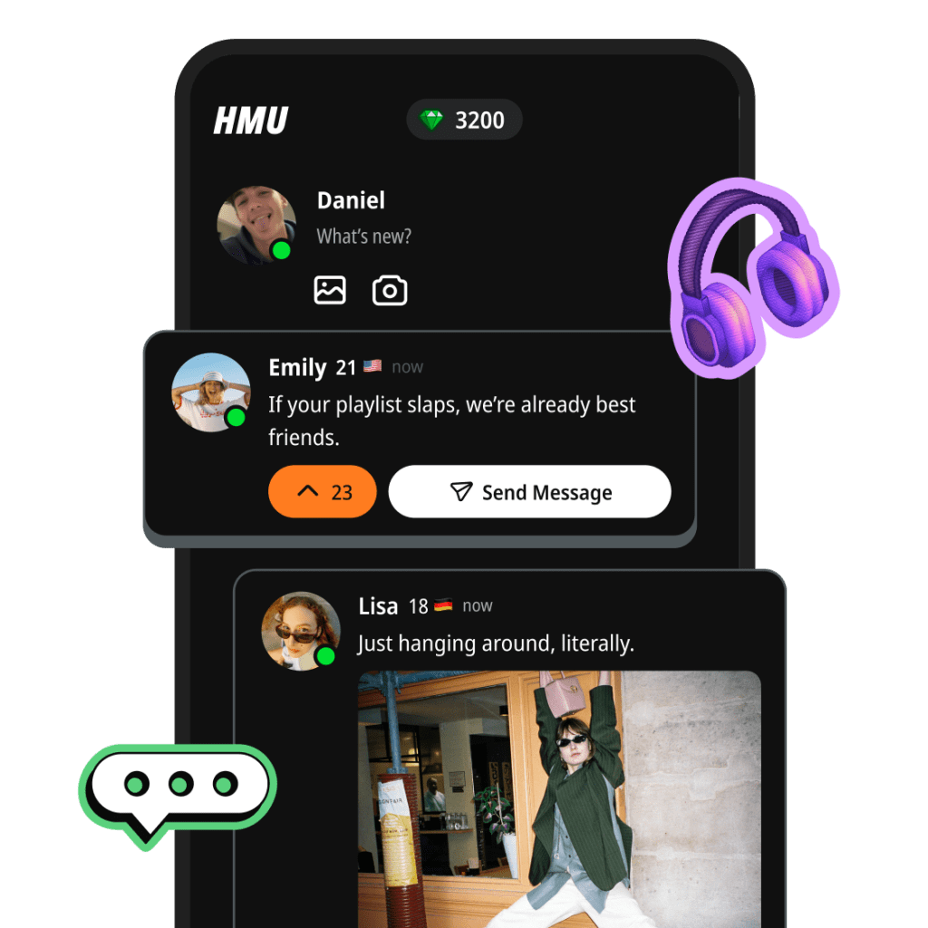 BeFriend HMU feed with Gen Z users Emily and Lisa posting updates, showcasing real-time friendship interactions.