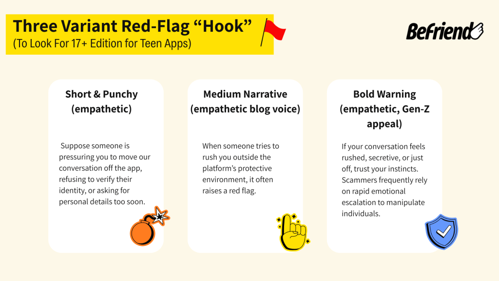 Infographic explaining three ways to recognize red flags in 17+ social and teen apps: (1) Short & Punchy warning — if someone pressures you to move off the app or asks for personal details too soon; (2) Medium Narrative warning — rushing you outside the platform’s protective environment is a red flag; (3) Bold Warning with Gen Z appeal — if a chat feels rushed or manipulative, trust your instincts as scammers often rely on emotional escalation.