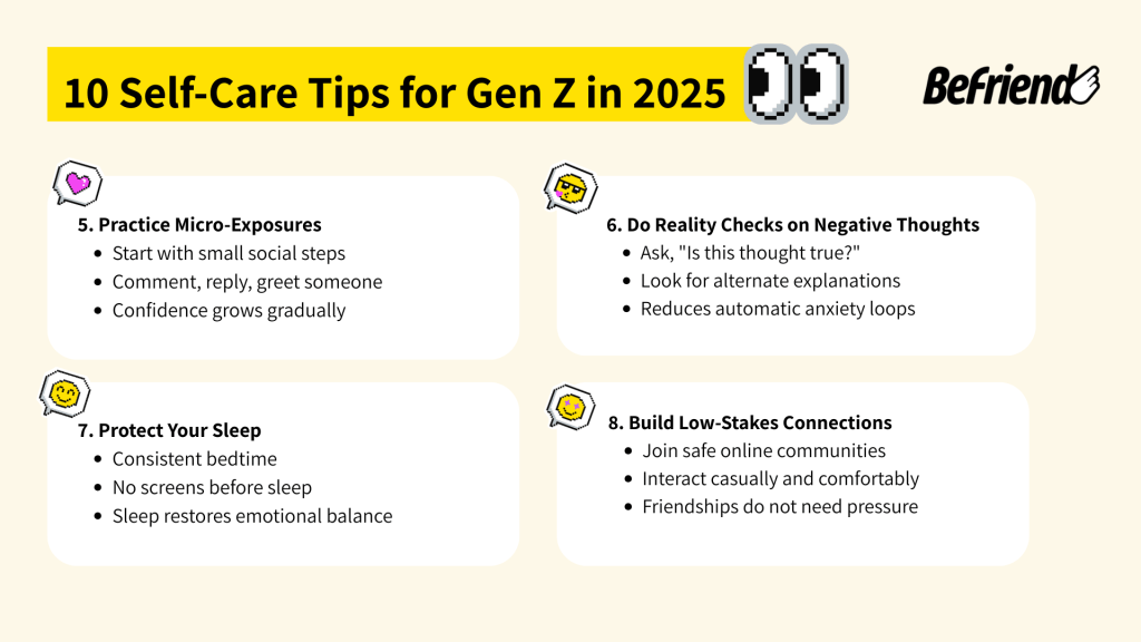 Infographic showing self-care tips for Gen Z in 2025, including micro-exposures, reality checks, sleep protection, and low-pressure social connection, designed in BeFriend brand style.