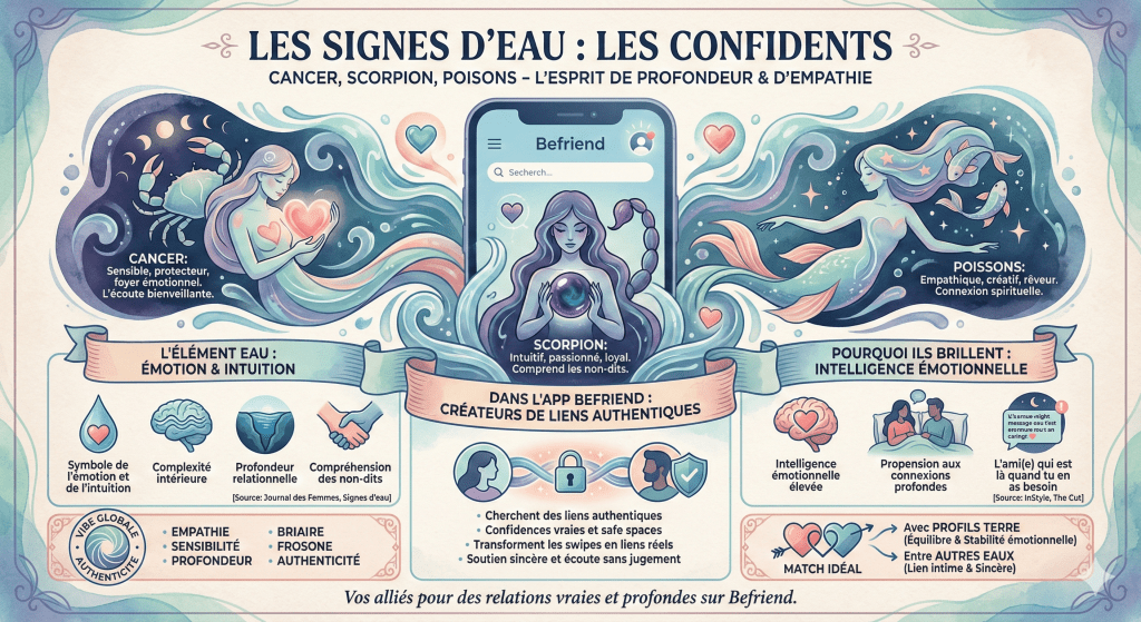 Infographie sur les signes d’eau en astrologie, présentant Cancer, Scorpion et Poissons avec leurs caractéristiques émotionnelles, empathie et compatibilité amicale.