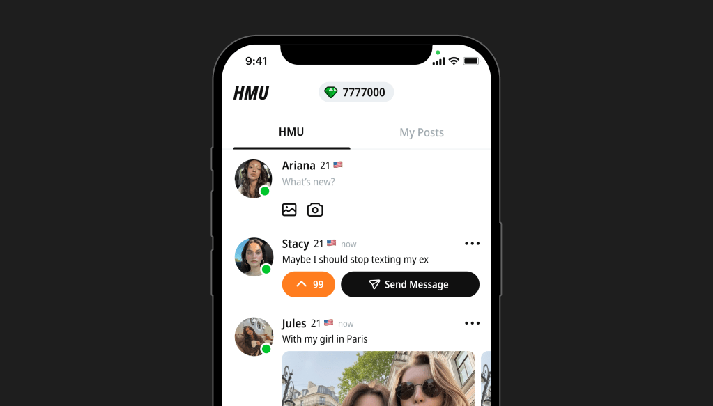 HMU feature in the BeFriend app showing public posts, likes, and message-based friendship connections