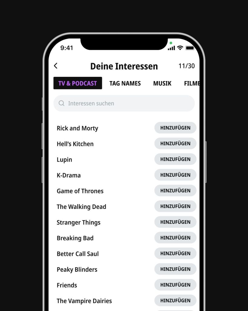 Liste von Serien und TV-Interessen zum Hinzufügen im BeFriend-Profil