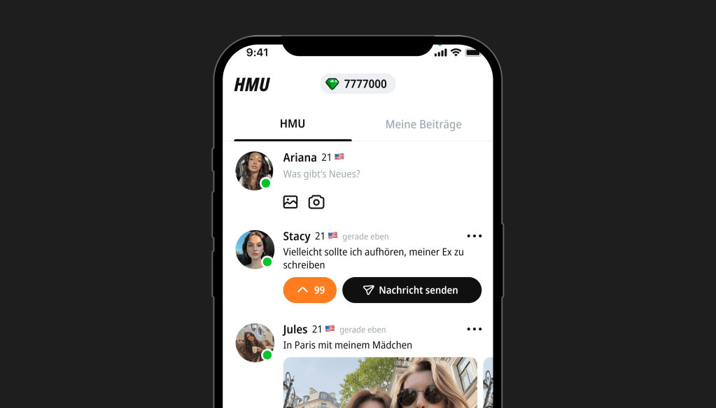 Featured Image: HMU in der BeFriend App – öffentlicher Feed mit Posts und „Nachricht senden“ als neuer Weg, Freundschaften zu starten.