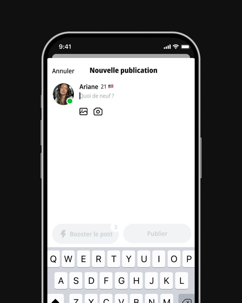 Fenêtre « Envoyer un message » sur l’app BeFriend dans HMU : l’utilisateur écrit un message et la conversation ne démarre que si l’auteur du post répond.