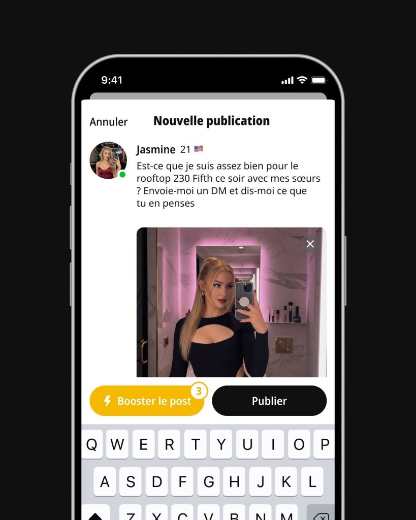 Écran « Nouvelle publication » HMU sur BeFriend : une utilisatrice prépare un post avec photo, avec les options « Booster le post » et « Publier ».