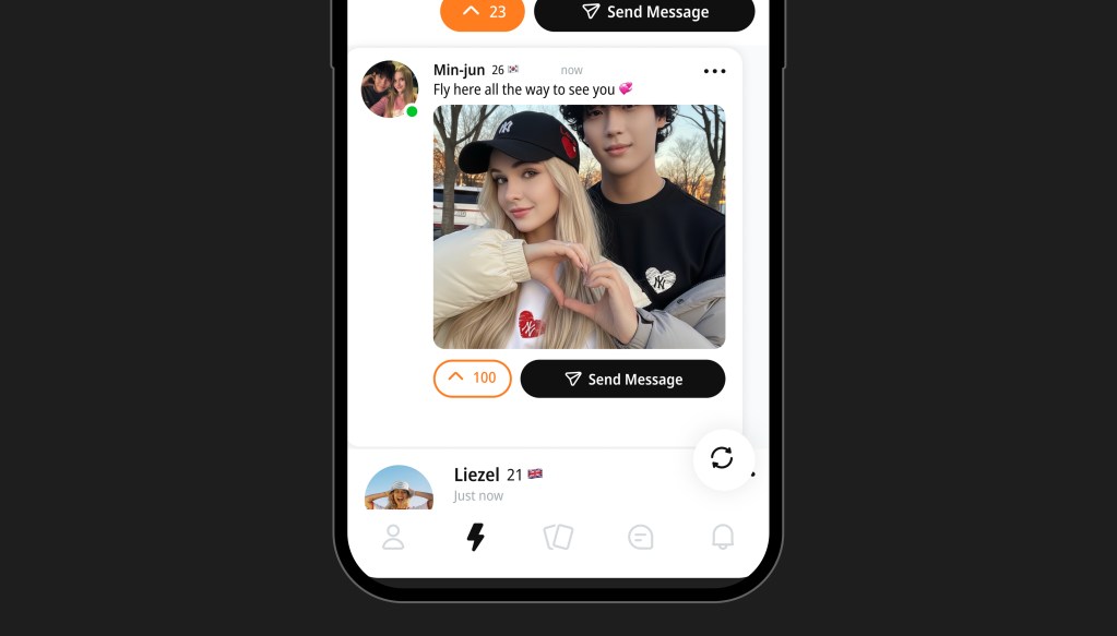 Interface de l’application BeFriend montrant un couple Gen Z célébrant une rencontre internationale à la Saint-Valentin 2026